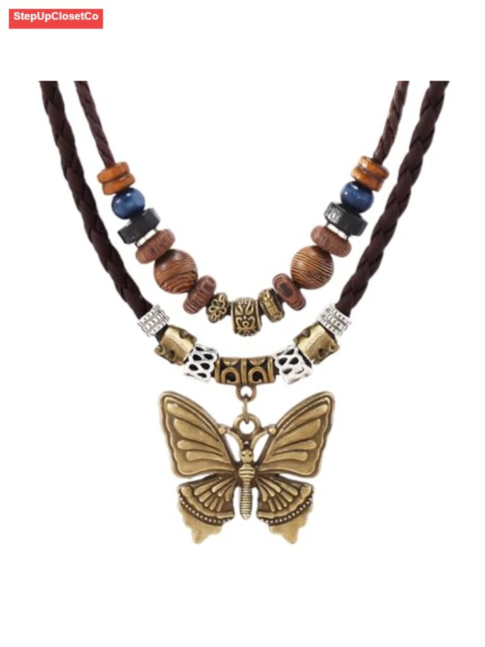 Boho Butterfly Pendant Choker Necklace Adjustable Wooden Beads Tribal Statement